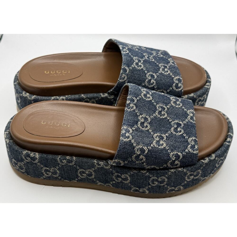 Gucci Blue Denim Monogram Platform Slide Sandals with Brown Footbed